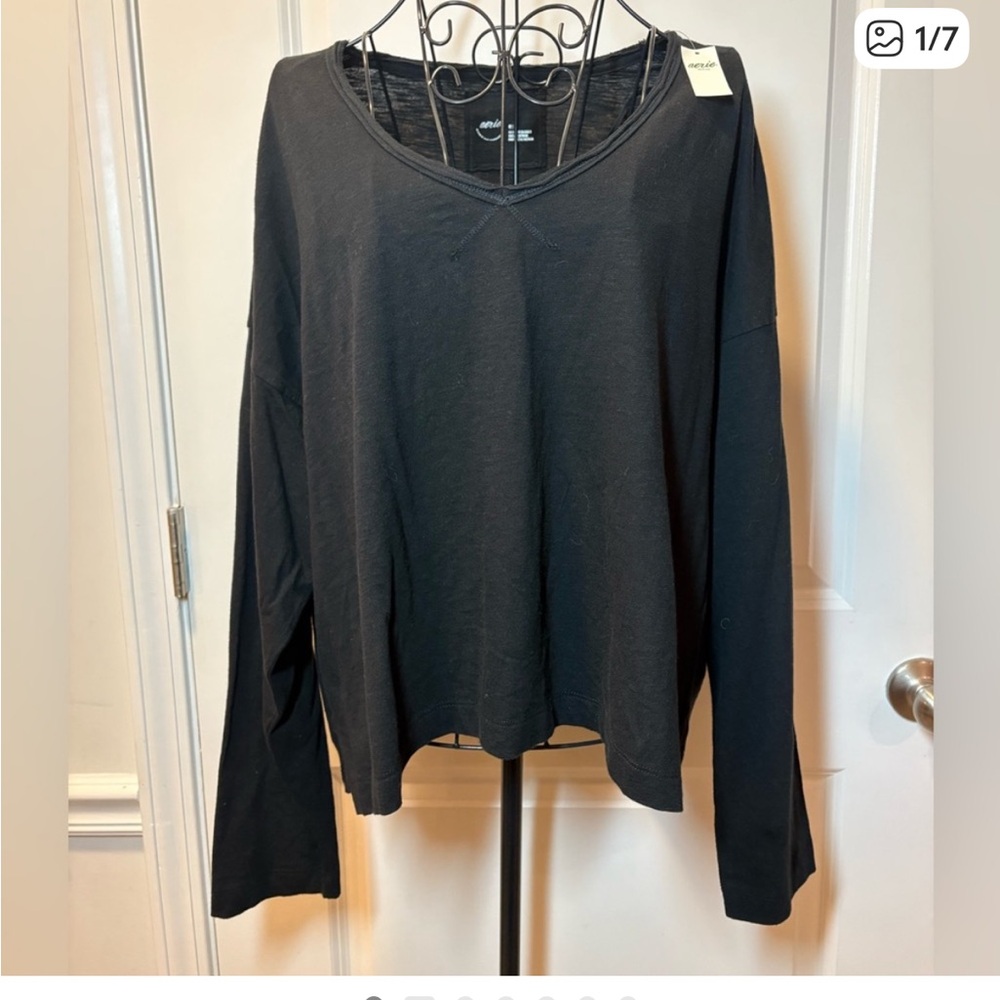 Aerie Black V-Neck Long Sleeve Top
